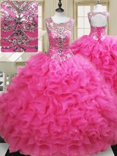 Comfortable Hot Pink Scoop Lace Up Beading and Ruffles Quinceanera Gowns Sleeveless
