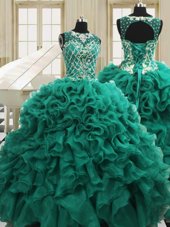 Classical Teal Ball Gowns Scoop Sleeveless Organza Floor Length Lace Up Beading and Ruffles Quinceanera Dress