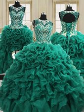 Perfect Four Piece Dark Green Sweet 16 Quinceanera Dress Military Ball and Sweet 16 and Quinceanera and For with Beading and Ruffles Scoop Sleeveless Lace Up