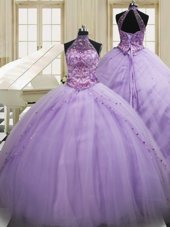 Attractive Halter Top Lavender Sleeveless Beading and Embroidery Lace Up 15th Birthday Dress