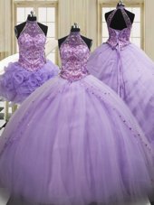 Lovely Three Piece Halter Top Lavender Sleeveless Brush Train Sequins Quinceanera Gown