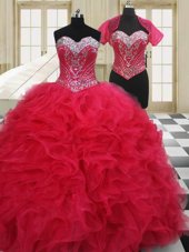 High End Floor Length Red Quinceanera Gown Sweetheart Sleeveless Lace Up