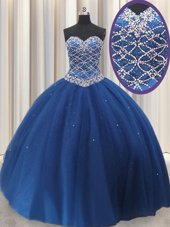 Fashionable Navy Blue Sleeveless Floor Length Beading and Sequins Lace Up 15 Quinceanera Dress