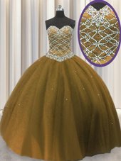 Suitable Brown Tulle Lace Up Sweetheart Sleeveless Floor Length Quinceanera Gowns Beading