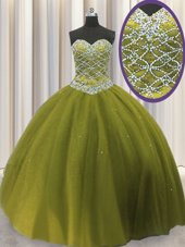 Stylish Tulle Sweetheart Sleeveless Lace Up Beading 15 Quinceanera Dress in Olive Green