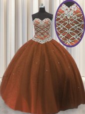 Cute Brown 15 Quinceanera Dress Military Ball and Sweet 16 and Quinceanera and For with Beading and Sequins Sweetheart Sleeveless Lace Up