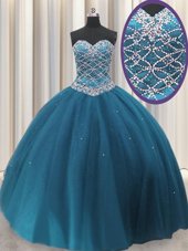 Sequins Sweetheart Sleeveless Lace Up Quinceanera Gowns Teal Tulle