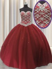 Cute Floor Length Lace Up Sweet 16 Dresses Red and In for Military Ball and Sweet 16 and Quinceanera with Beading and Sequins