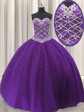 Traditional Sleeveless Tulle Floor Length Lace Up Quinceanera Gowns in Eggplant Purple for with Beading and Sequins