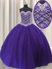 Beautiful Purple Sleeveless Beading and Sequins Floor Length Quince Ball Gowns