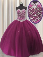 Smart Fuchsia Sweet 16 Quinceanera Dress Military Ball and Sweet 16 and Quinceanera and For with Beading and Sequins Sweetheart Sleeveless Lace Up