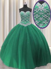 Edgy Sequins Sweetheart Sleeveless Lace Up Quince Ball Gowns Dark Green Tulle