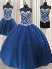 Luxury Three Piece Sleeveless Lace Up Floor Length Beading and Sequins Quinceanera Gown