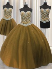 Noble Three Piece Floor Length Lace Up Ball Gown Prom Dress Brown and In for Military Ball and Sweet 16 and Quinceanera with Beading and Sequins