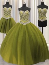 Sweet Three Piece Sequins Ball Gowns 15th Birthday Dress Olive Green Sweetheart Tulle Sleeveless Floor Length Lace Up