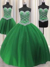 Fancy Three Piece Sequins Floor Length Ball Gowns Sleeveless Green Quinceanera Gown Lace Up