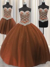 Deluxe Three Piece Brown Ball Gowns Tulle Sweetheart Sleeveless Beading and Sequins Floor Length Lace Up Quinceanera Gown