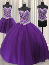 Clearance Three Piece Sweetheart Sleeveless Tulle Quince Ball Gowns Beading and Sequins Lace Up