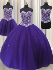 Latest Three Piece Tulle Sweetheart Sleeveless Lace Up Beading and Sequins 15th Birthday Dress in Purple