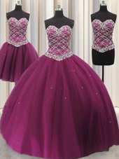 Ideal Three Piece Fuchsia Ball Gowns Tulle Sweetheart Sleeveless Beading and Sequins Floor Length Lace Up Sweet 16 Dresses