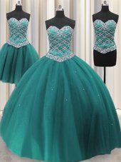 Three Piece Teal Lace Up Sweetheart Beading and Sequins Sweet 16 Dresses Tulle Sleeveless