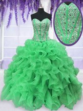 Customized Sweetheart Sleeveless Sweet 16 Quinceanera Dress Floor Length Beading and Ruffles Green Organza