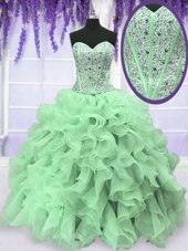 Super Apple Green Sleeveless Organza Lace Up 15 Quinceanera Dress for Military Ball and Sweet 16 and Quinceanera