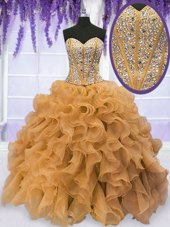 Custom Designed Gold Sleeveless Floor Length Beading and Ruffles Lace Up Quince Ball Gowns
