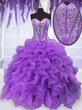 Fine Organza Sleeveless Floor Length Ball Gown Prom Dress and Beading and Ruffles