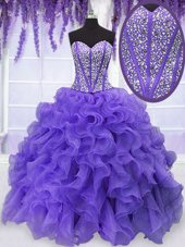 Affordable Floor Length Lace Up 15th Birthday Dress Lavender and In for Military Ball and Sweet 16 and Quinceanera with Beading and Ruffles
