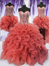 Delicate Four Piece Coral Red Ball Gowns Beading and Ruffles Quinceanera Gowns Lace Up Organza Sleeveless Floor Length