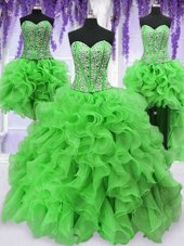 Luxurious Four Piece Organza Sweetheart Sleeveless Lace Up Beading and Ruffles Sweet 16 Dresses in