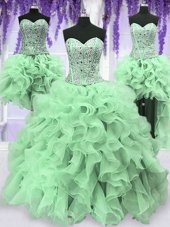 Artistic Four Piece Beading and Ruffles Sweet 16 Quinceanera Dress Apple Green Lace Up Sleeveless Floor Length