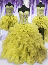 Stylish Four Piece Organza Sleeveless Floor Length Quince Ball Gowns and Beading and Ruffles