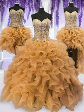 Four Piece Gold Sleeveless Floor Length Beading and Ruffles Lace Up 15th Birthday Dress