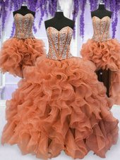 Sumptuous Four Piece Orange Lace Up Sweetheart Beading and Ruffles Quince Ball Gowns Organza Sleeveless
