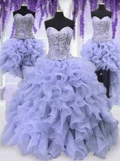 Amazing Four Piece Organza Sleeveless Floor Length 15 Quinceanera Dress and Ruffles and Sequins