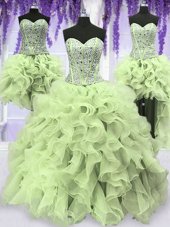 Beautiful Four Piece Yellow Green Ball Gowns Organza Sweetheart Sleeveless Ruffles and Sequins Floor Length Lace Up Sweet 16 Dress