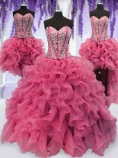 Glittering Four Piece Sequins Ruffled Sweetheart Sleeveless Lace Up 15th Birthday Dress Pink Organza