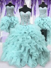 Fancy Four Piece Light Blue Sleeveless Floor Length Ruffles and Sequins Lace Up 15th Birthday Dress