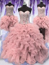 Best Four Piece Pink Lace Up Quinceanera Gowns Ruffles and Sequins Sleeveless Floor Length