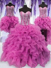 Vintage Four Piece Sequins Ball Gowns Ball Gown Prom Dress Lilac Sweetheart Organza Sleeveless Floor Length Lace Up