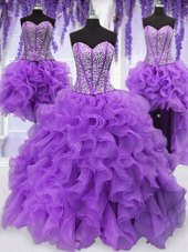 Classical Four Piece Organza Sweetheart Sleeveless Lace Up Ruffles and Sequins Sweet 16 Dresses in Eggplant Purple