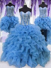 Deluxe Four Piece Blue Sweet 16 Dress Military Ball and Sweet 16 and Quinceanera and For with Ruffles and Sequins Sweetheart Sleeveless Lace Up