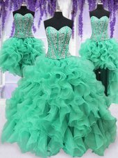 Trendy Four Piece Turquoise Ball Gowns Ruffles and Sequins Vestidos de Quinceanera Lace Up Organza Sleeveless Floor Length