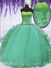 On Sale Strapless Sleeveless Organza 15th Birthday Dress Embroidery and Ruffles Lace Up