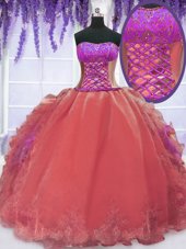 Graceful Organza Strapless Sleeveless Lace Up Embroidery and Ruffles Quinceanera Gown in Watermelon Red