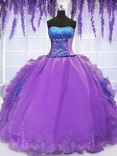 Fine Purple Strapless Neckline Embroidery and Ruffles 15 Quinceanera Dress Sleeveless Lace Up