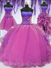 Colorful Four Piece Lilac Organza Lace Up Sweetheart Sleeveless Floor Length Quinceanera Gown Appliques and Embroidery