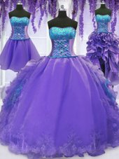 Popular Four Piece Lavender Ball Gowns Embroidery and Ruffles Quince Ball Gowns Lace Up Organza Sleeveless Floor Length